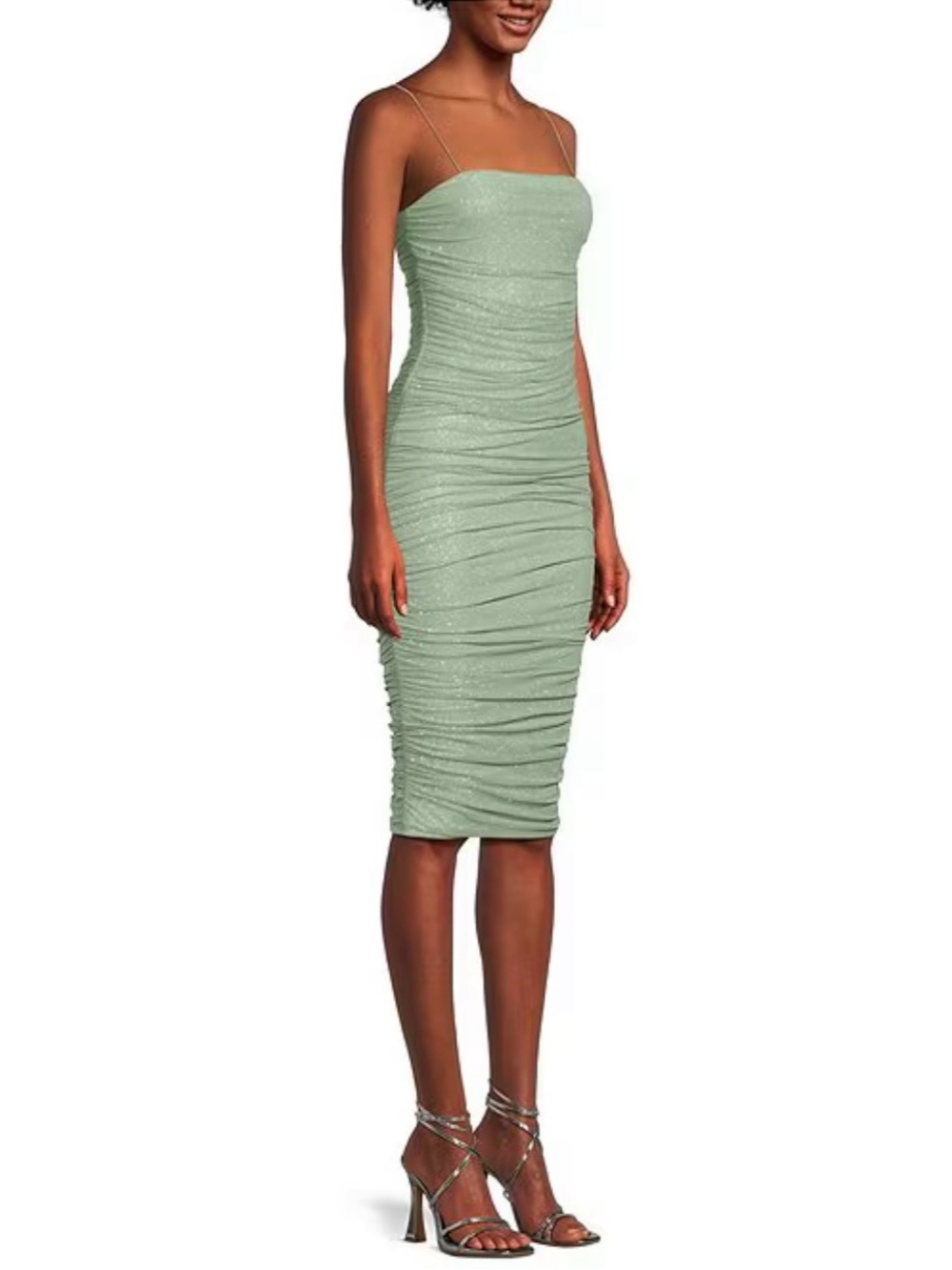 B Darlin Sage Green Ruched Spaghetti-Strap Midi Dress